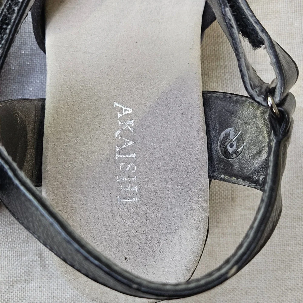 Akaishi Wedge Sandals Womens 8 Black Bow Ankle Strap Comfort Platform Shoes